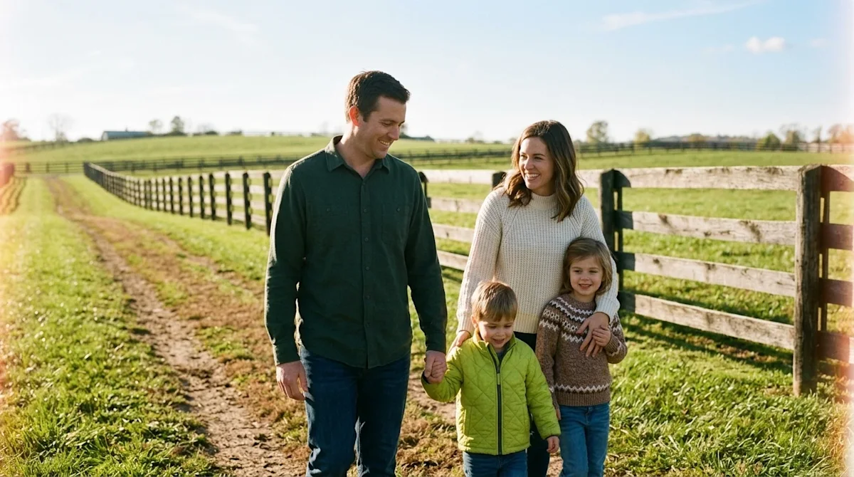 A candid, lifestyle photograph of a happy family enjoying a sunny afternoon outdoors in Lexington, Kentucky, walking alongside a trail.