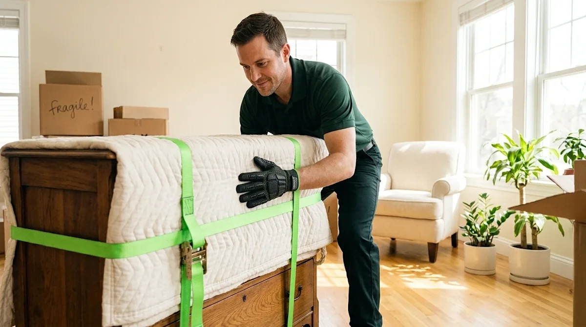 Professional marketing photography of a mover demonstrating safe handling techniques in a bright, sunlit living room. The mov