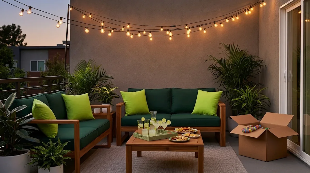 Professional marketing photography of a beautifully styled, party-ready outdoor patio during a warm twilight evening. Glowing