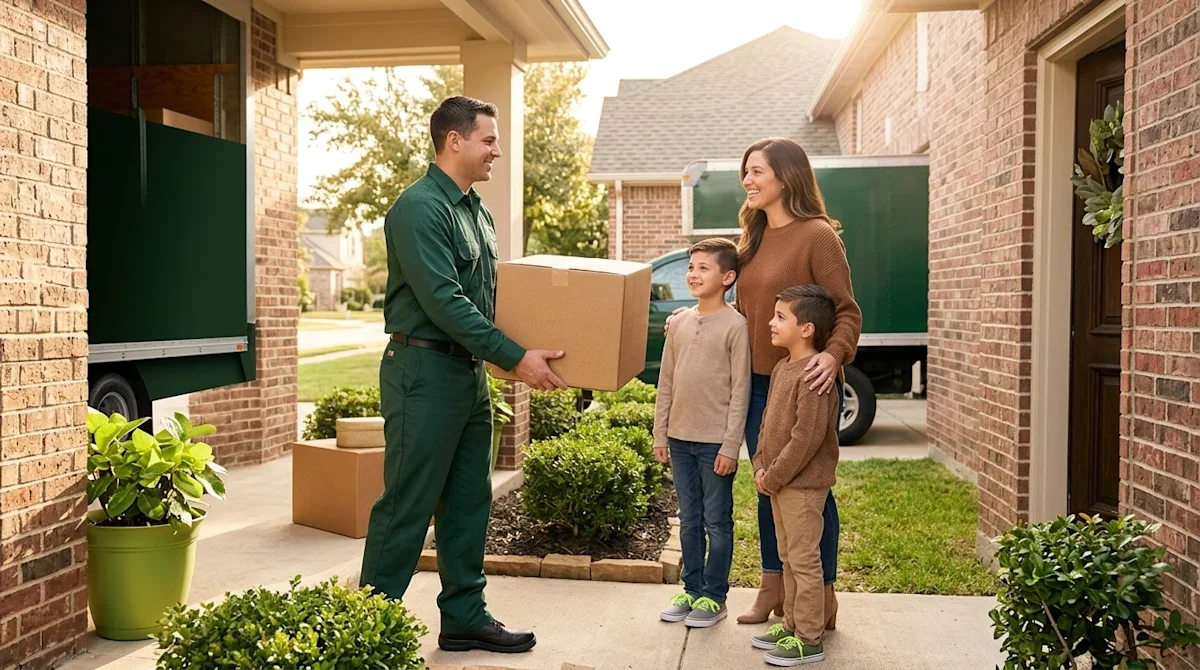 Professional marketing photography capturing a stress-free moving day at a welcoming suburban brick home in Kirby, Texas. A f