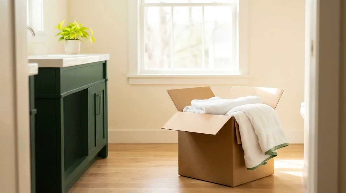 Professional marketing photography of a bright, freshly updated modern bathroom during a weekend renovation or move-in. A war