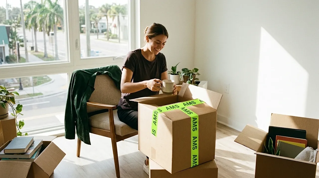 Candid lifestyle photography of a young professional woman unpacking in a bright, sunlit modern apartment in a vibrant Tampa, FL.