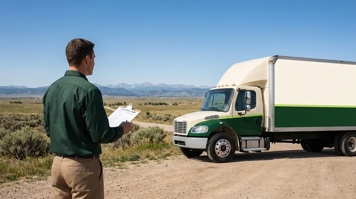 Professional mover with clipboard standing near a green and cream truck against a Wyoming mountain backdrop.