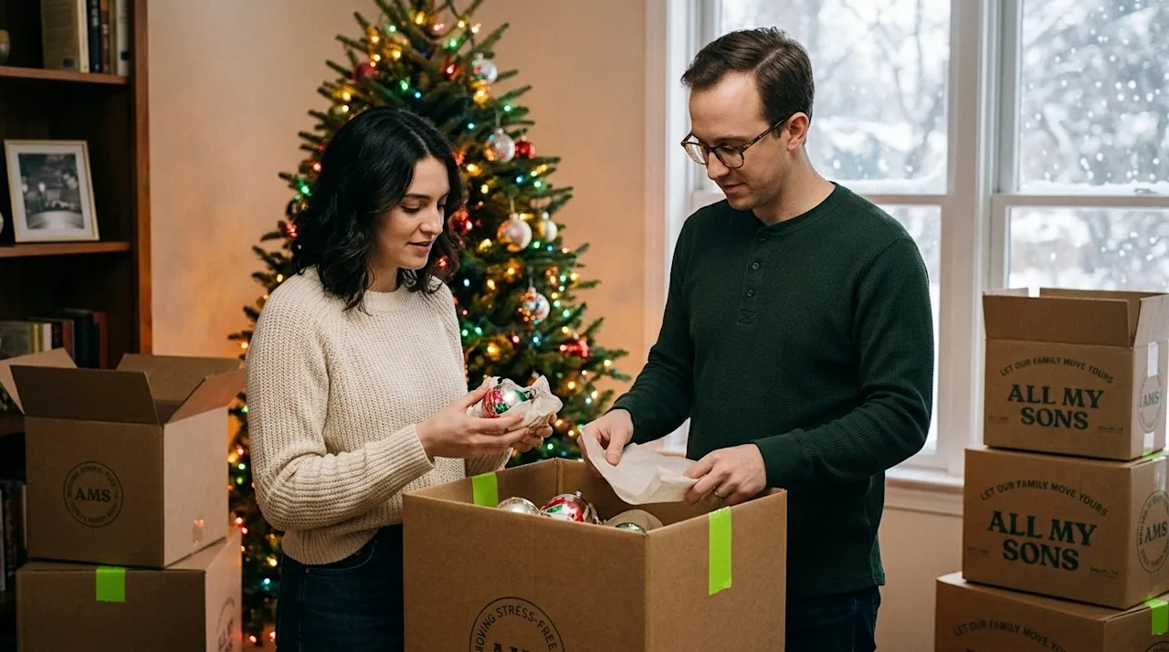 Clear, professional marketing photography, lifestyle editorial shot. A heartwarming scene of a couple relocating during the h