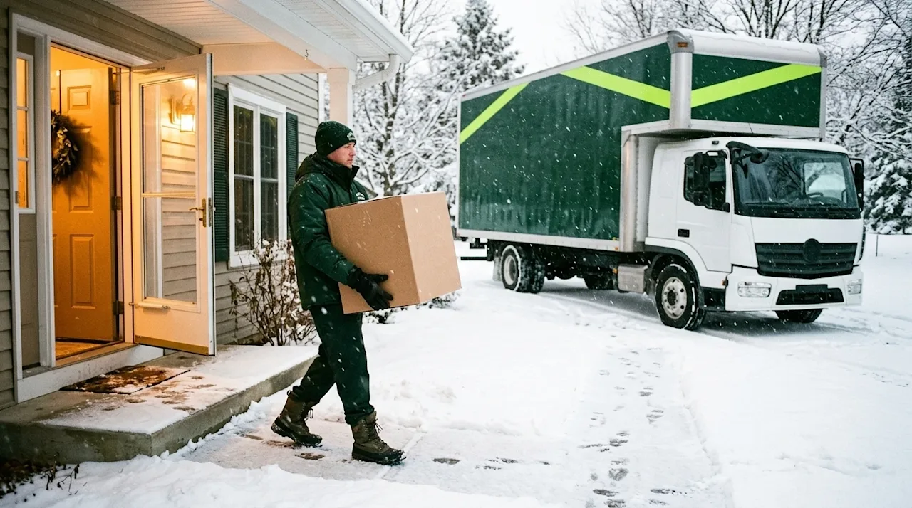 Candid, authentic photography shot on 35mm film with a slightly vintage, realistic aesthetic. A winter scene depicting a prof