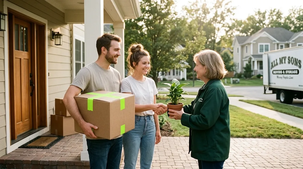 Candid lifestyle photography of a friendly neighborhood interaction after a recent move. A smiling young couple stands on the