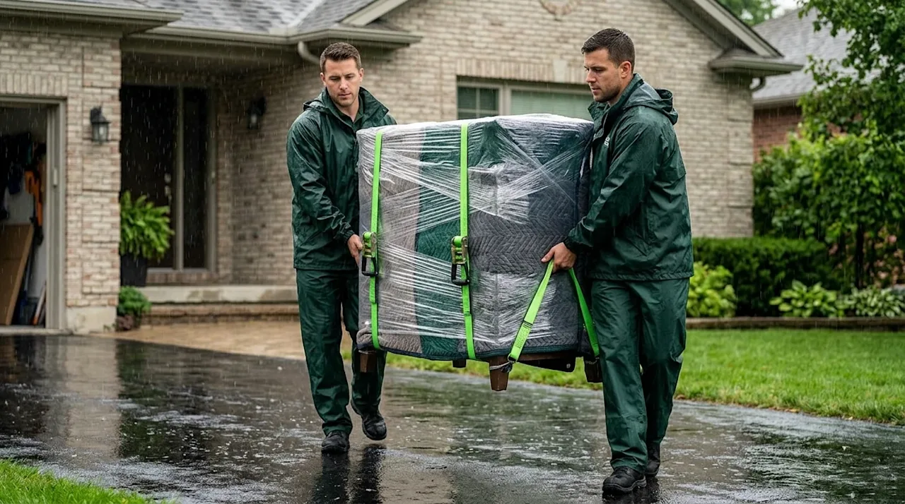 Professional marketing photography of two professional movers wearing dark forest green waterproof uniform jackets, carefully