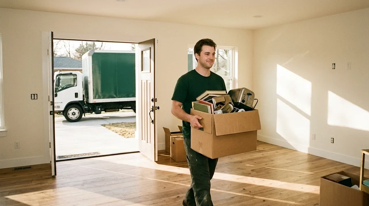 A candid, 35mm film-style lifestyle photograph of a friendly professional mover wearing a dark forest green t-shirt carrying