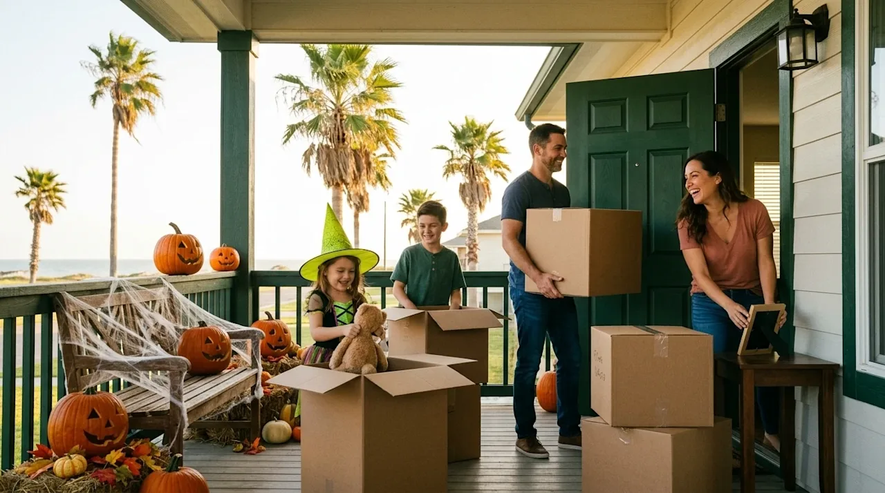 Cinematic 35mm film photography of a family moving into a new home in a sunny coastal Corpus Christi neighborhood on Hallowee