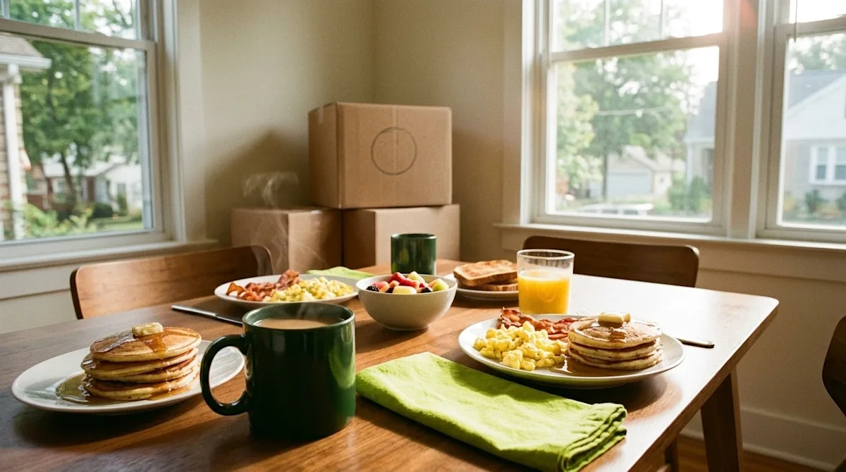 A cozy, authentic lifestyle photograph of a delicious brunch spread on a warm wooden dining table in a sunlit Cincinnati home