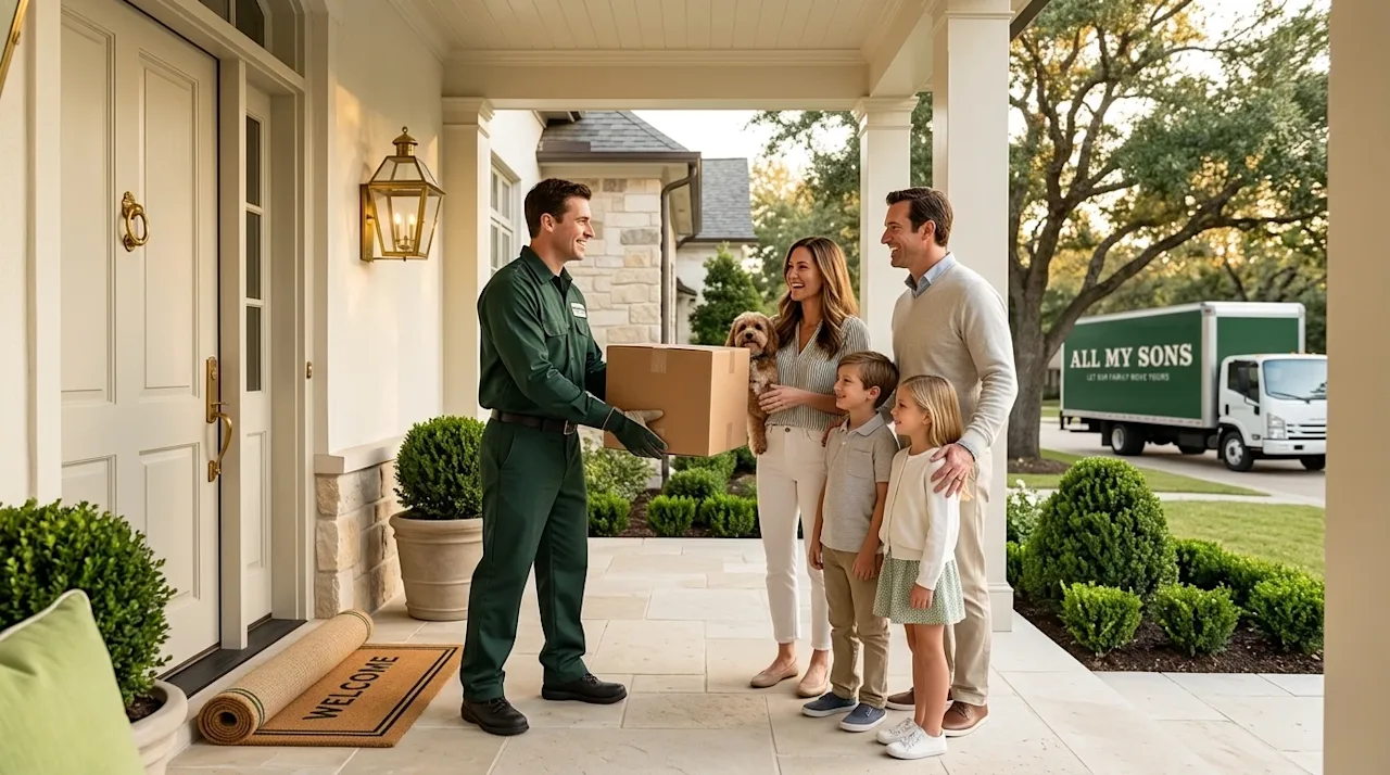 Professional lifestyle marketing photography of a happy family moving into a beautiful, upscale suburban home in Castle Hills