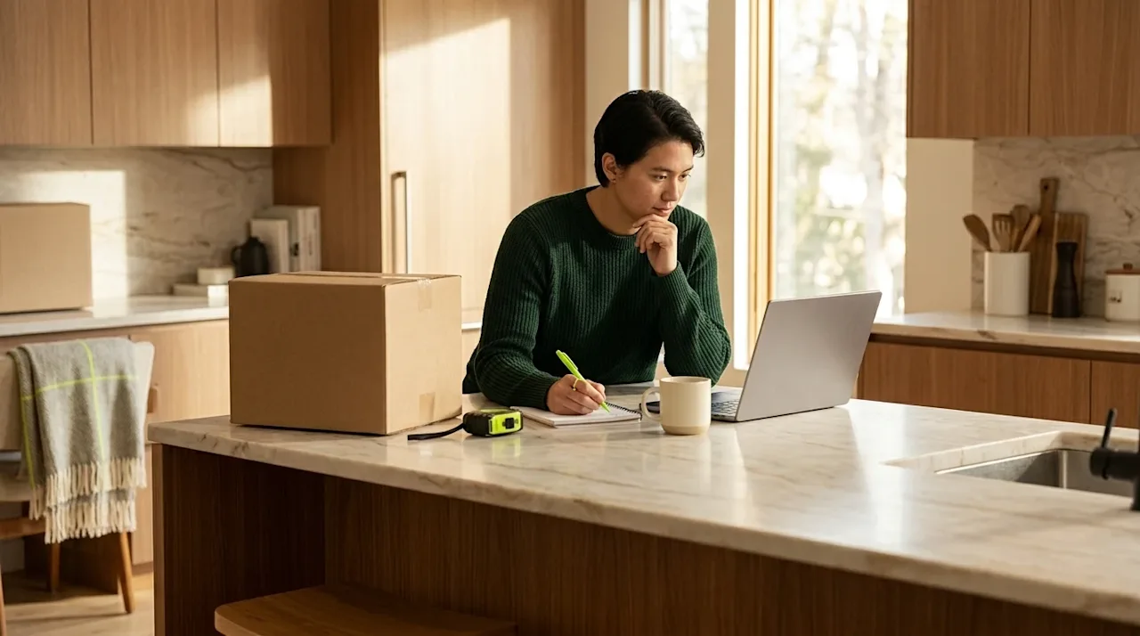 A person in a green sweater organizing a move while sitting at a modern kitchen island with a moving box and laptop.