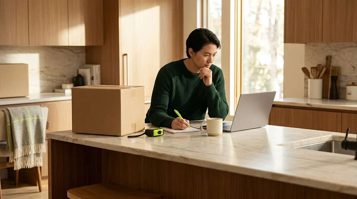 A person in a green sweater organizing a move while sitting at a modern kitchen island with a moving box and laptop.