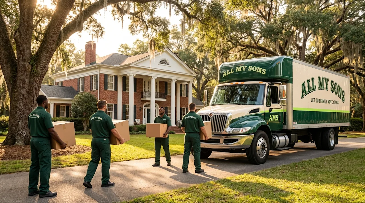 All My Sons movers carrying boxes toward a green truck at a historic Southern home in Athens, Georgia.