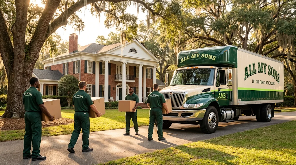 All My Sons movers carrying boxes toward a green truck at a historic Southern home in Athens, Georgia.