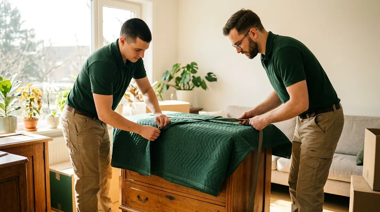 A high-quality, candid photograph of two professional movers carefully wrapping a large wooden vintage dresser with a thick,