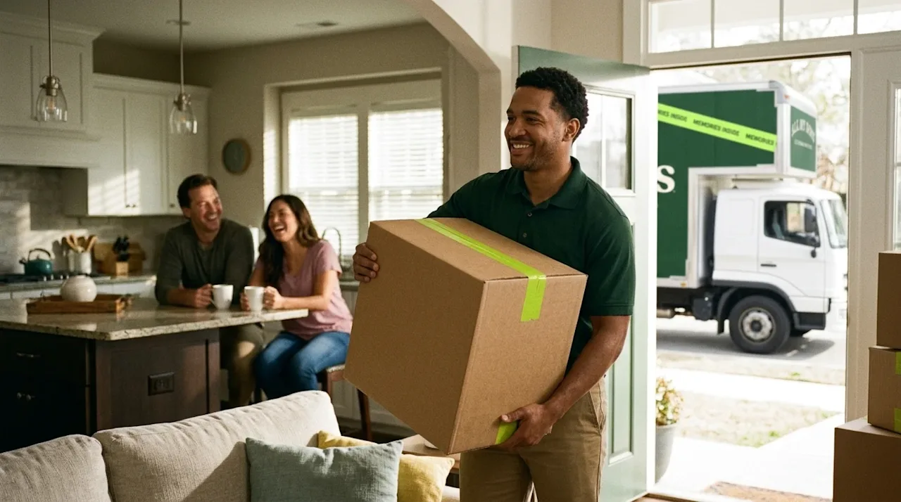 Candid lifestyle photography of a friendly, professional mover effortlessly carrying a sturdy cardboard moving box out of a w