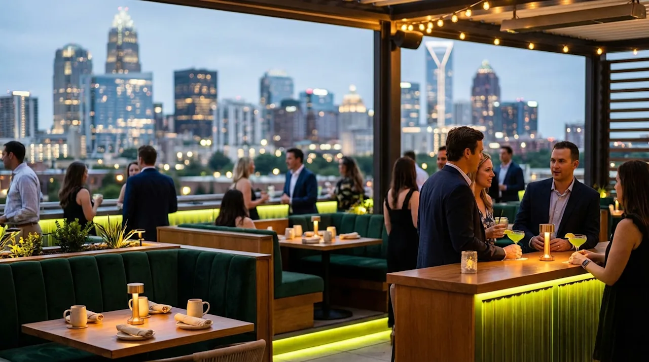Trendy Charlotte rooftop bar with skyline view, forest green velvet seating, and sophisticated social atmosphere.