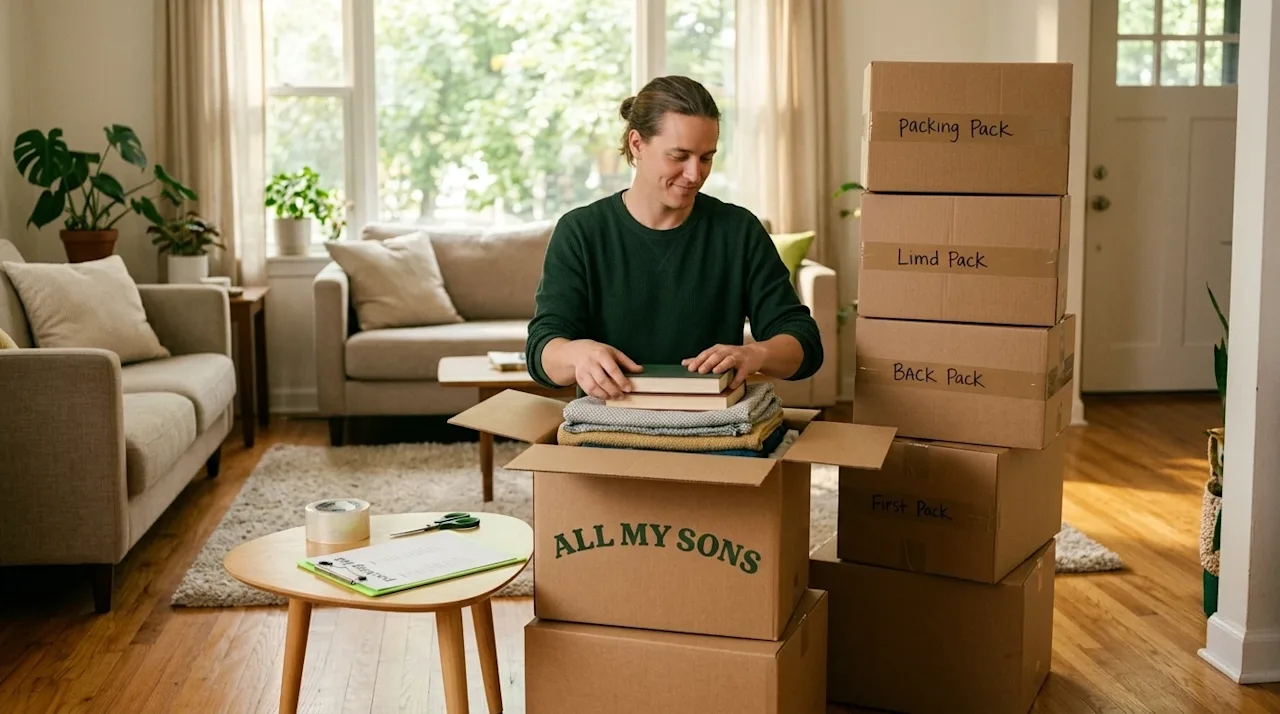 Candid, documentary-style photography of a calm, organized person packing for a move in a brightly lit, cozy home living room