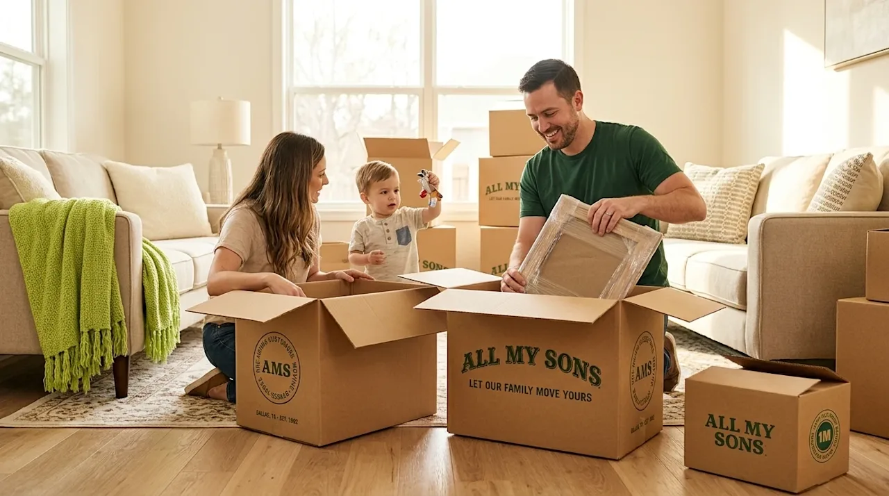 Professional lifestyle photography of a happy family unpacking a couple of high-quality cardboard moving boxes in the bright,