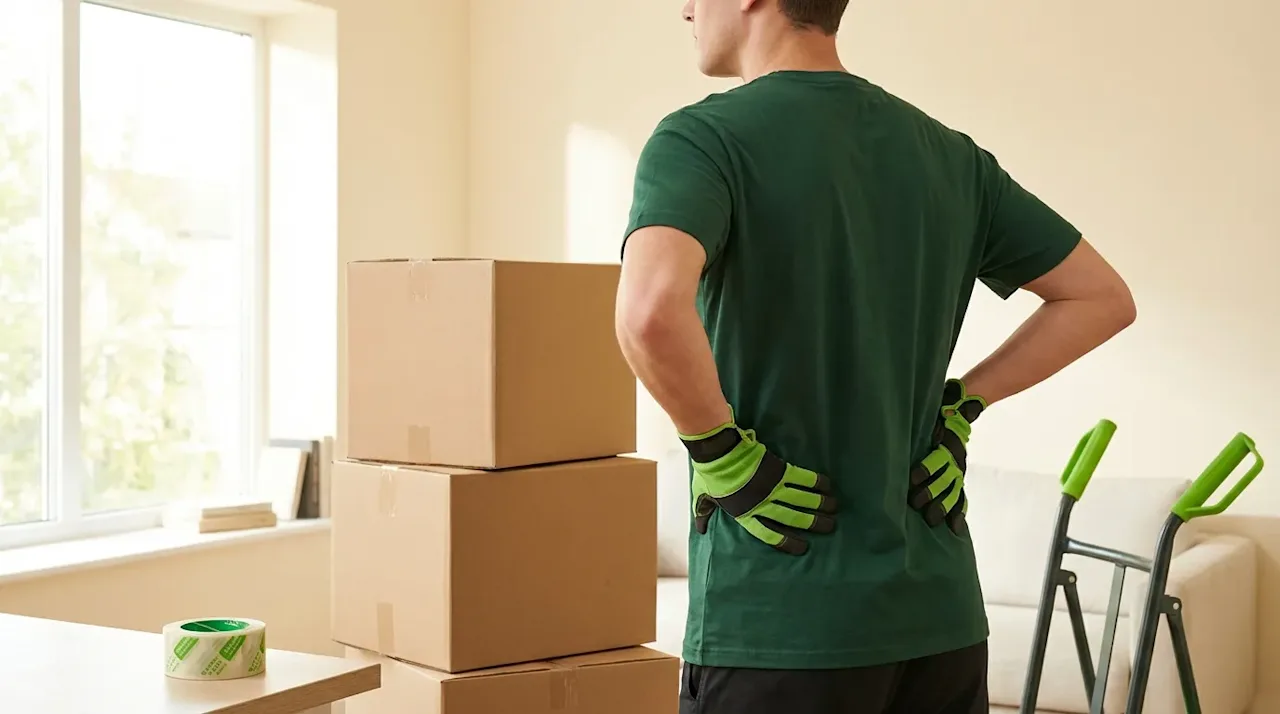 A professional mover in a green shirt stretching his back for safety while packing cardboard boxes in a modern home.