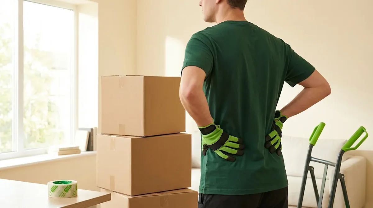 A professional mover in a green shirt stretching his back for safety while packing cardboard boxes in a modern home.