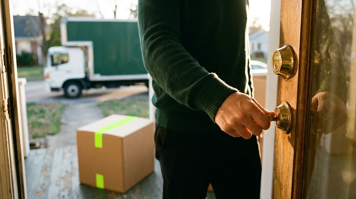 A candid 35mm film lifestyle photograph of a person confidently locking the front door deadbolt of their home during moving d