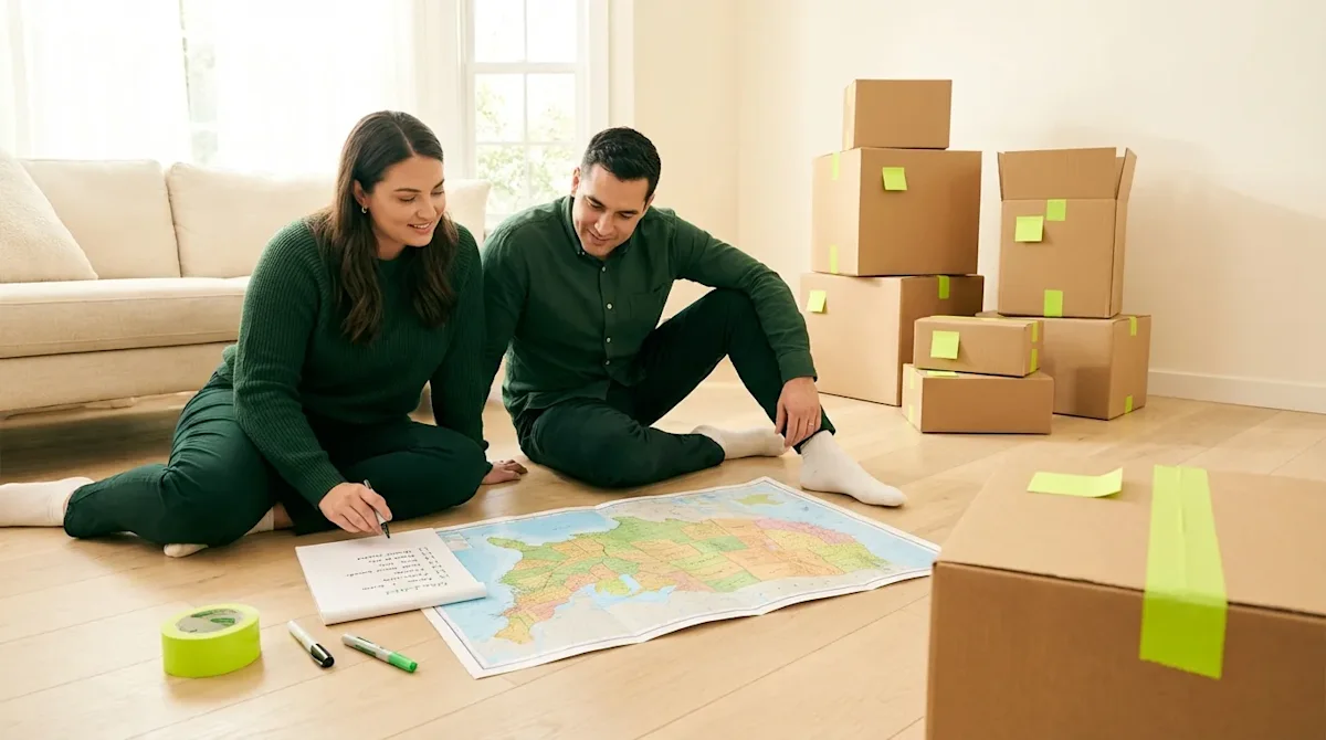 Couple planning a state-to-state move using a US map and checklist surrounded by cardboard boxes.