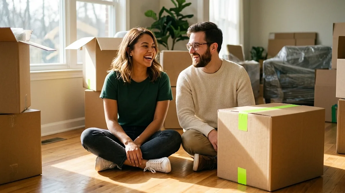 Professional lifestyle marketing photography of two young adult friends taking a break from moving, sitting on the floor of a