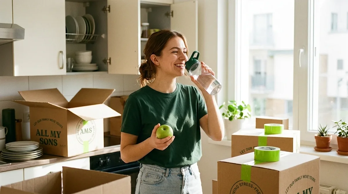 Professional marketing photography of a smiling young woman taking a healthy break from moving. She is standing in a brightly
