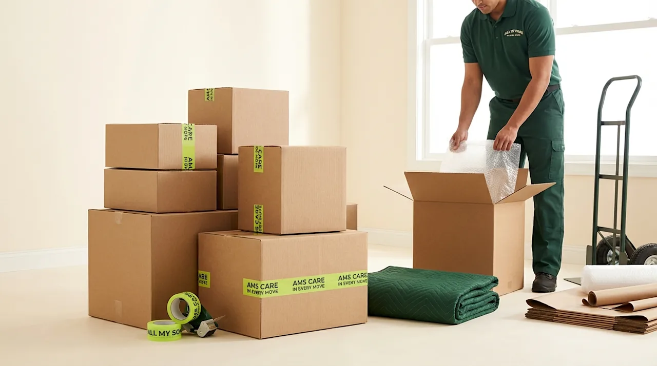 Professional mover organizing brown cardboard boxes with lime green tape in a bright minimalist room.