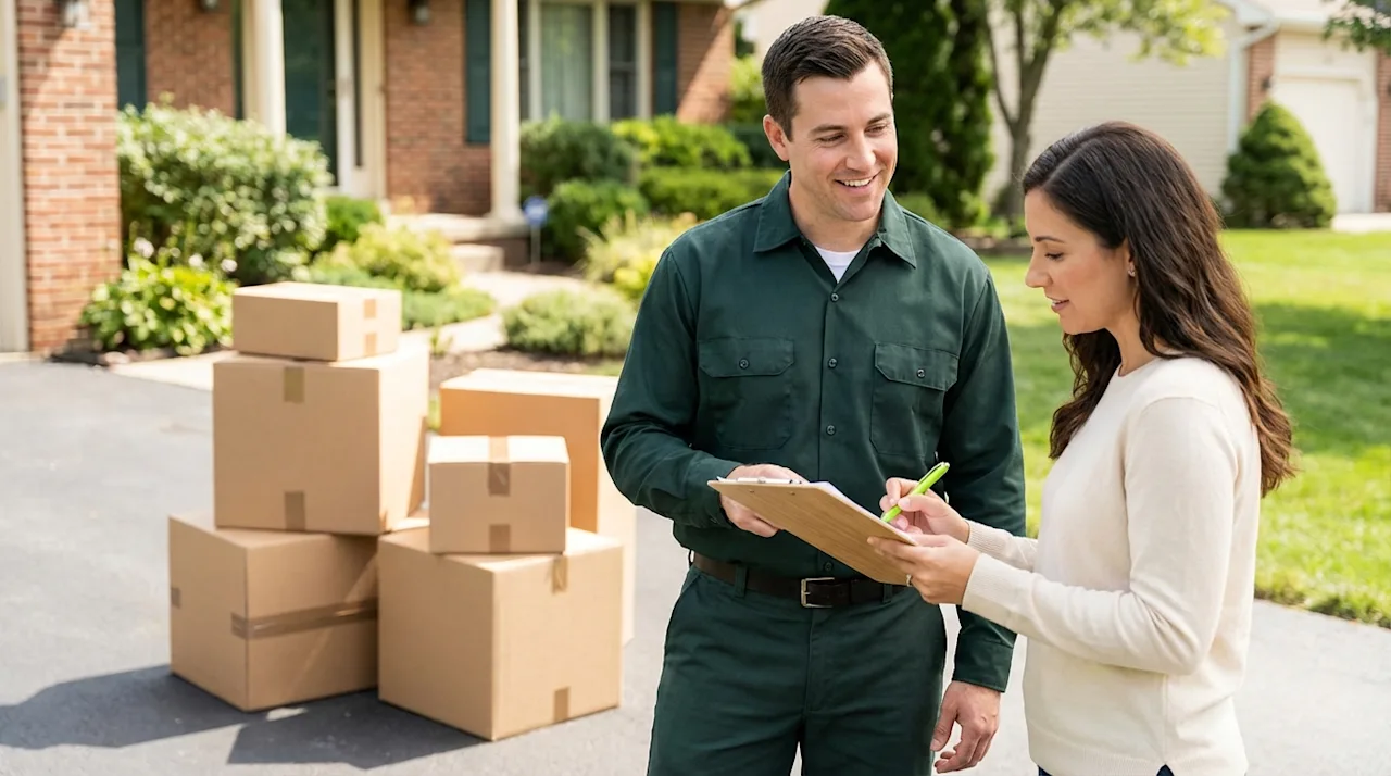 Friendly mover consulting with a client holding a clipboard near stacked boxes in a sunlit driveway.