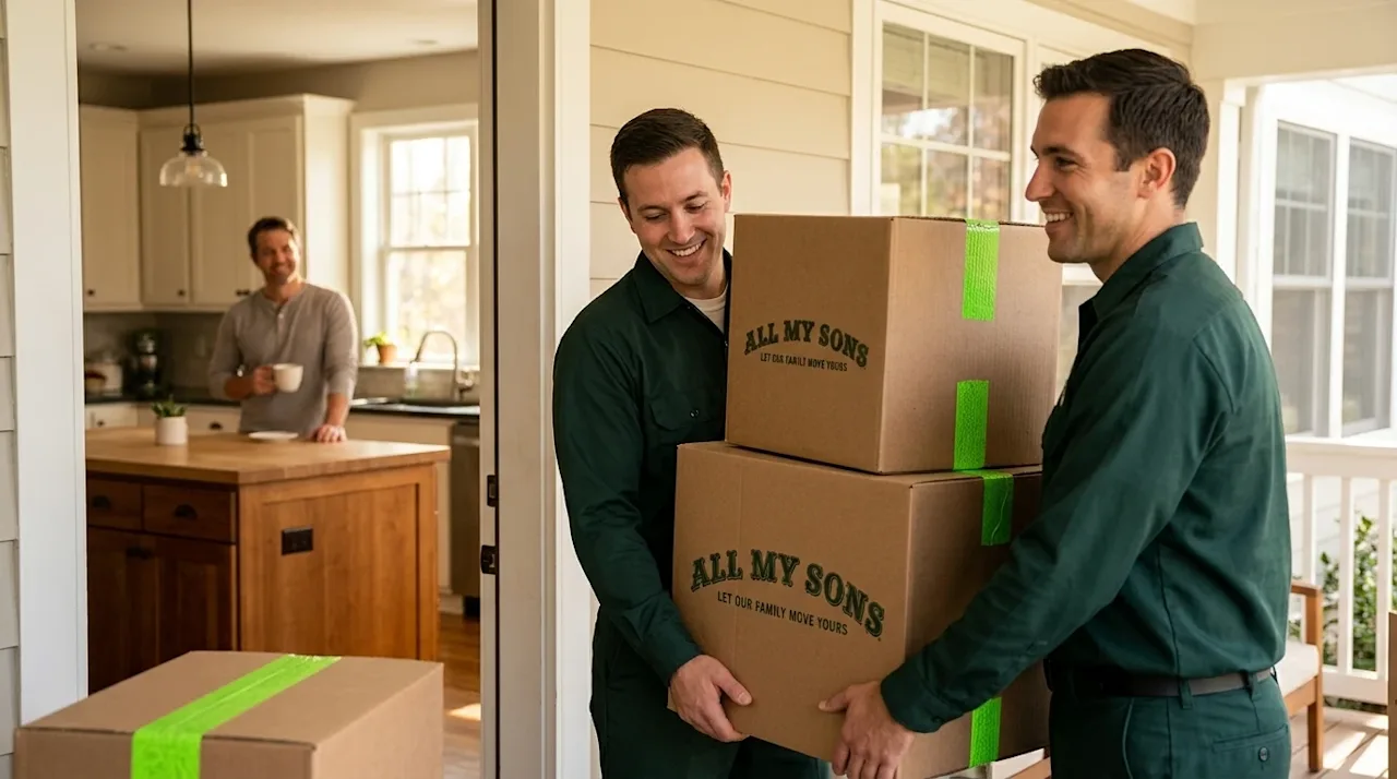 A candid, high-quality lifestyle photograph showing the stress-free experience of hiring professional movers. Two friendly pr