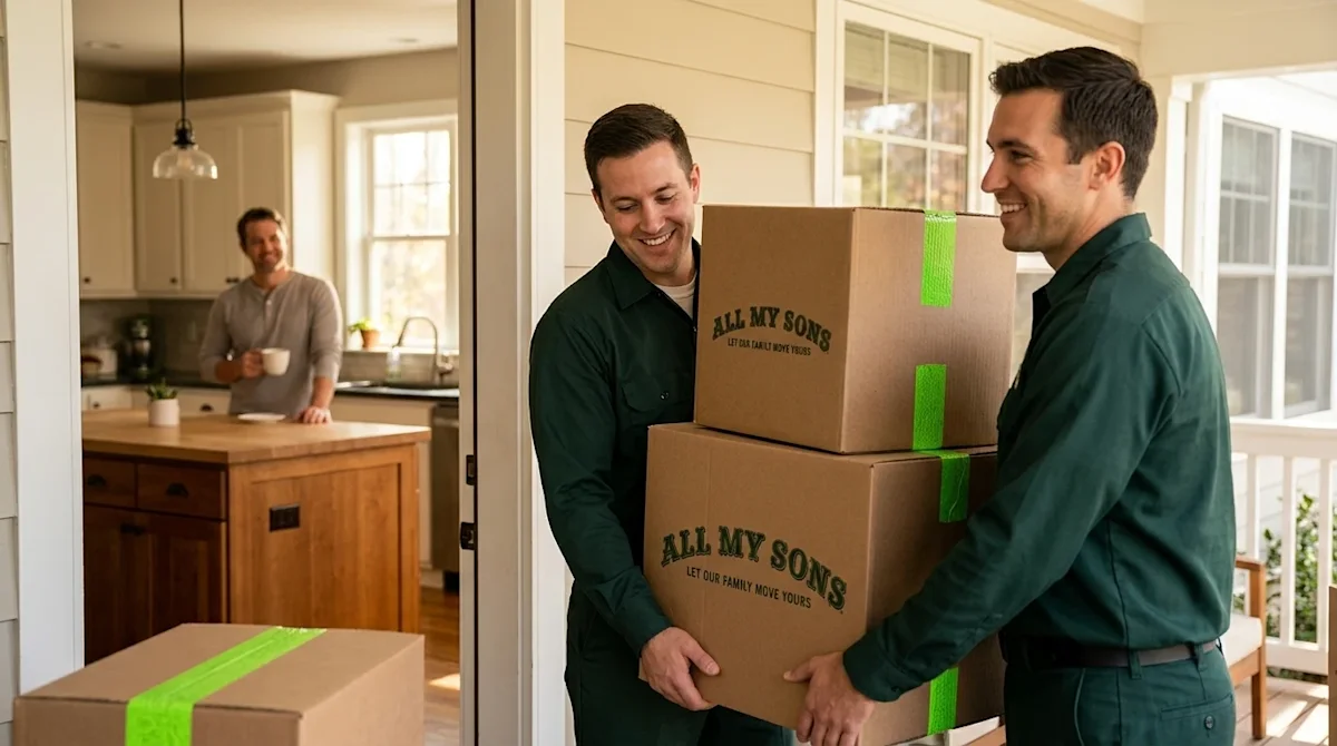 A candid, high-quality lifestyle photograph showing the stress-free experience of hiring professional movers. Two friendly pr