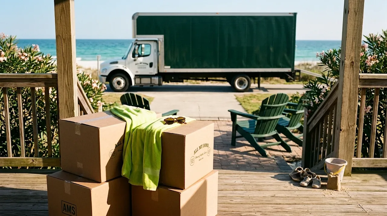 A bright, warm, and nostalgic photograph capturing a sunny, stress-free moving day at a beautiful coastal home in the Texas R