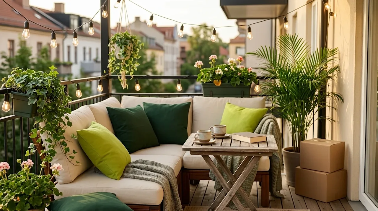 Professional marketing photography of a beautifully decorated small outdoor balcony space, designed as a blog hero image. The