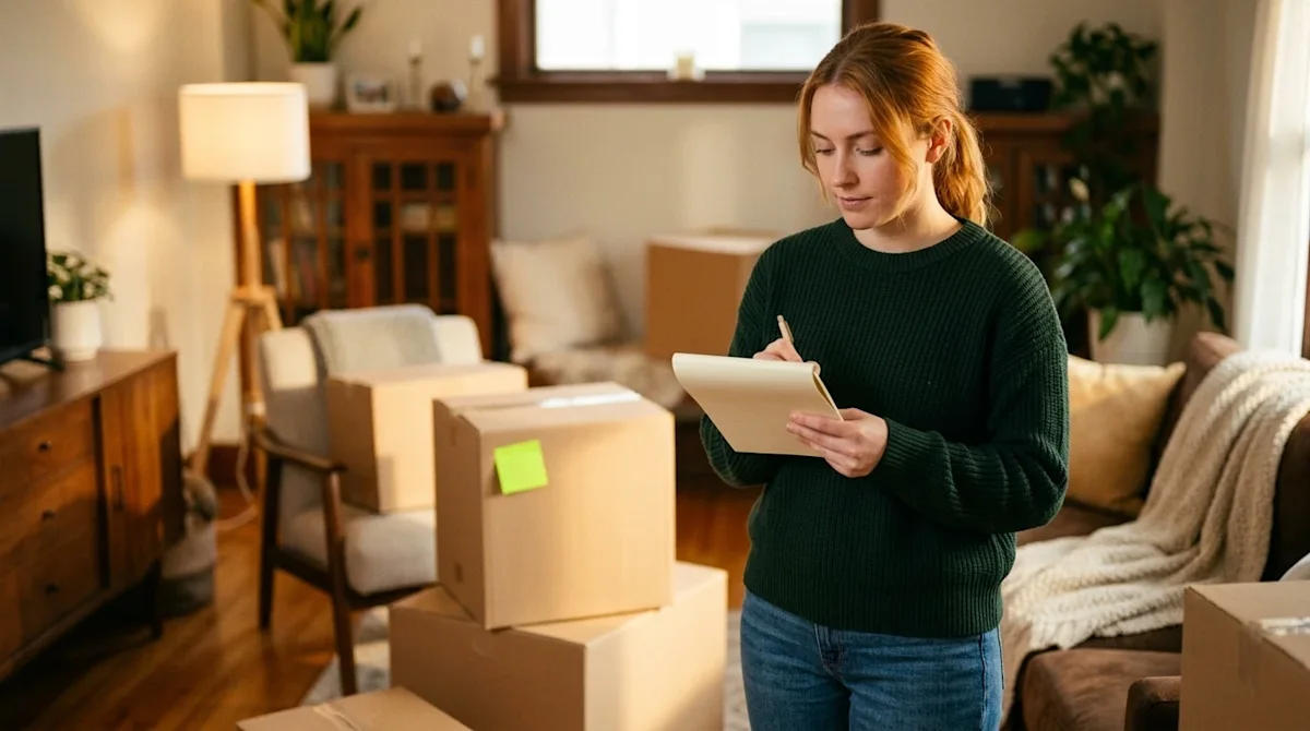Candid lifestyle 35mm film photography of a young adult standing in a warm, cozy living room, thoughtfully looking at a blank