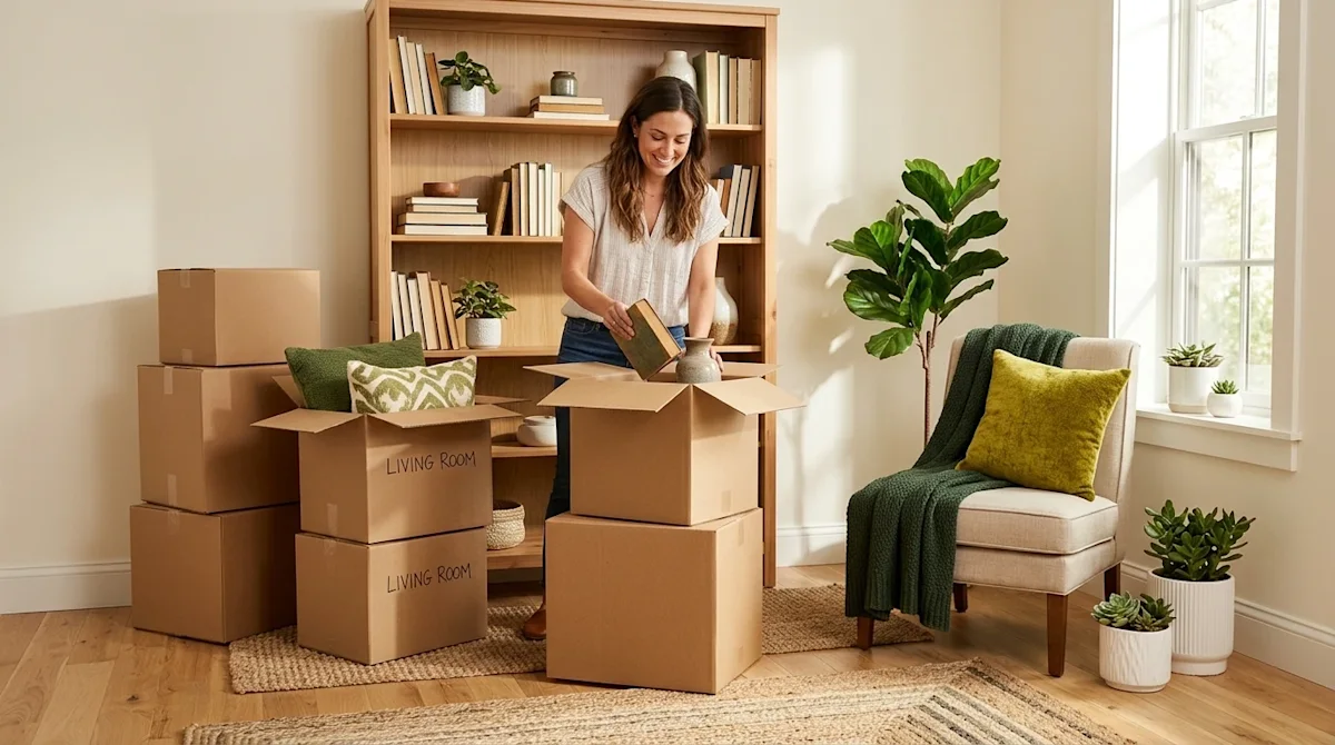 A professional lifestyle photograph showing the organized process of unpacking a home after a moving day.