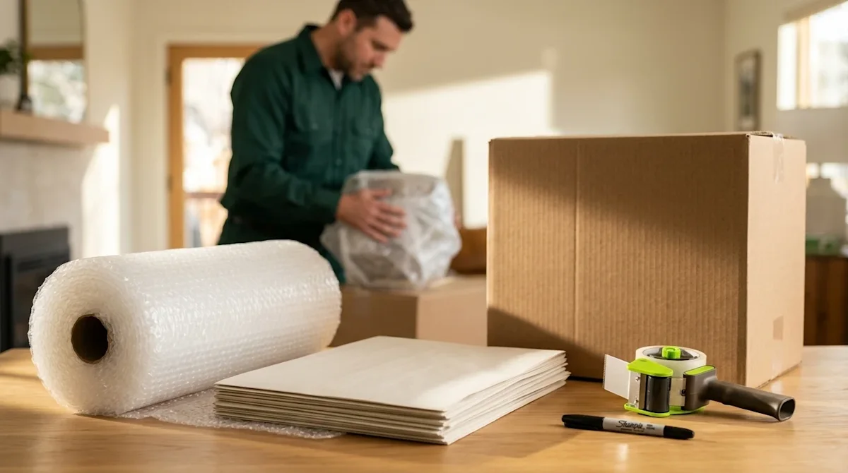 Professional marketing photography of essential premium packing supplies thoughtfully arranged on a natural wood table inside