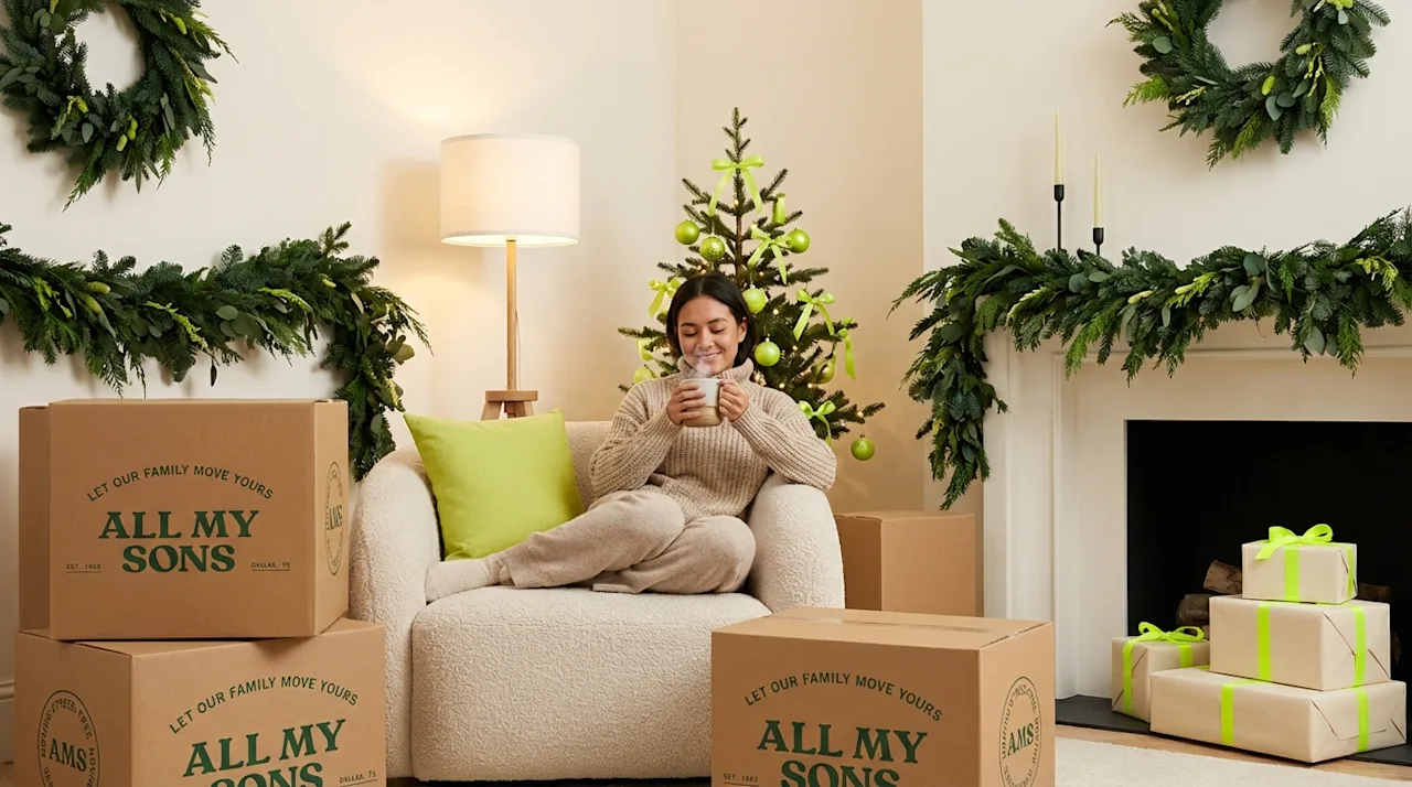 Woman relaxing with All My Sons moving boxes and modern lime green holiday décor in a new home.