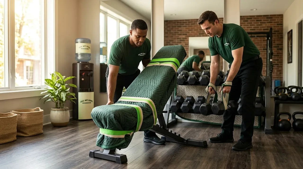 Professional marketing photography of two professional movers in clean, dark forest-green uniform t-shirts carefully wrapping