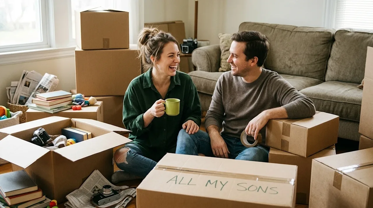 A candid, authentic lifestyle photograph of a cheerful couple maintaining a great attitude while packing their home for a mov