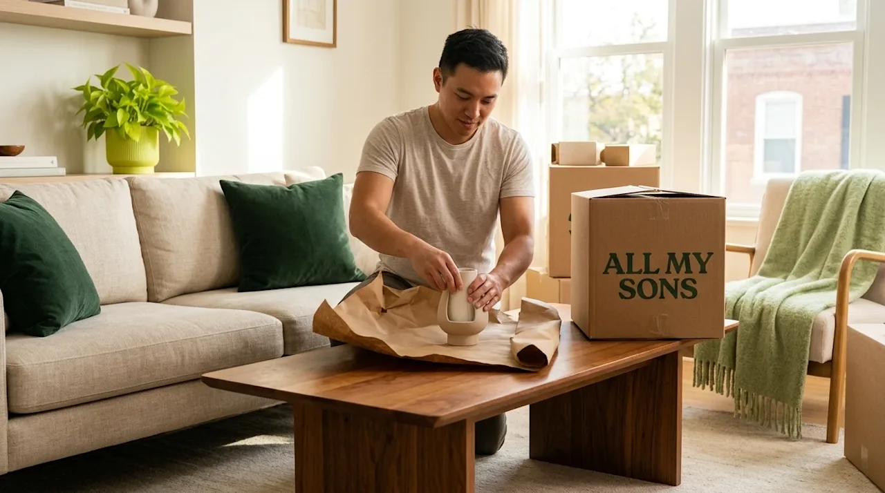 A high-quality, candid editorial lifestyle photograph of a brightly lit, stylishly decorated living room with warm, inviting
