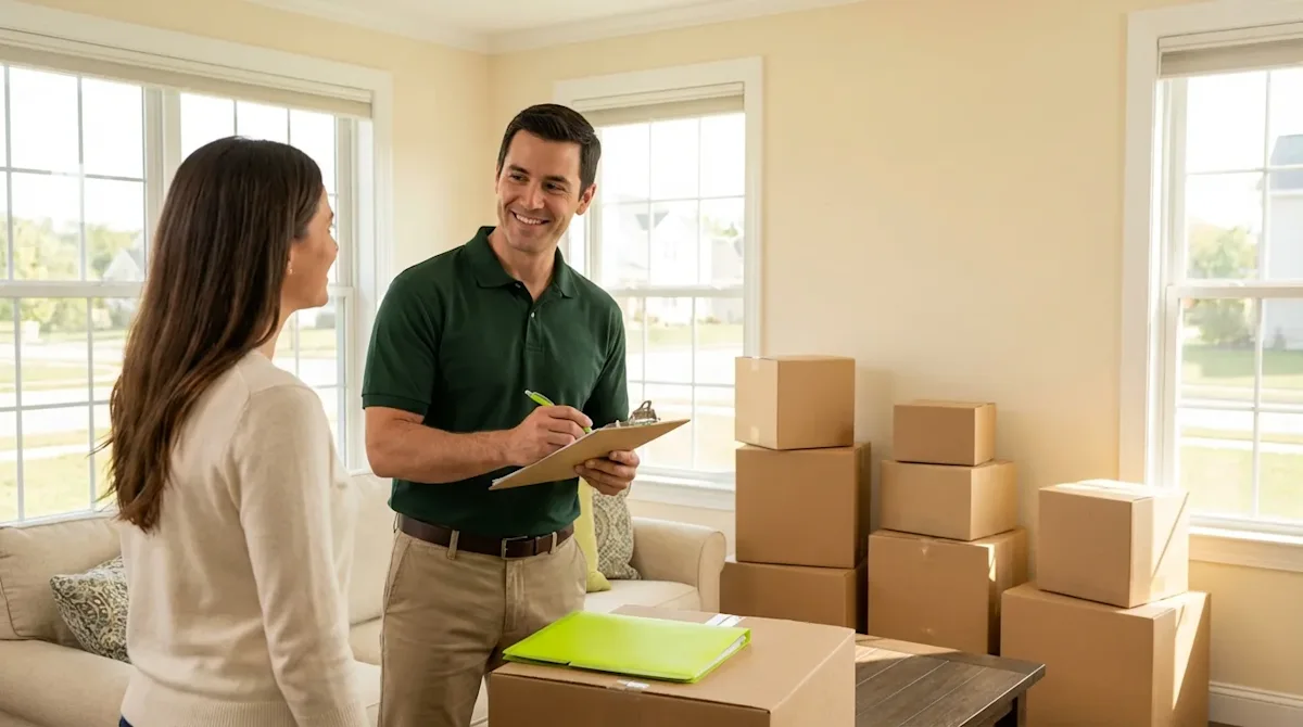 Professional mover in green polo consulting with homeowner amidst cardboard boxes in a bright, sunny living room.