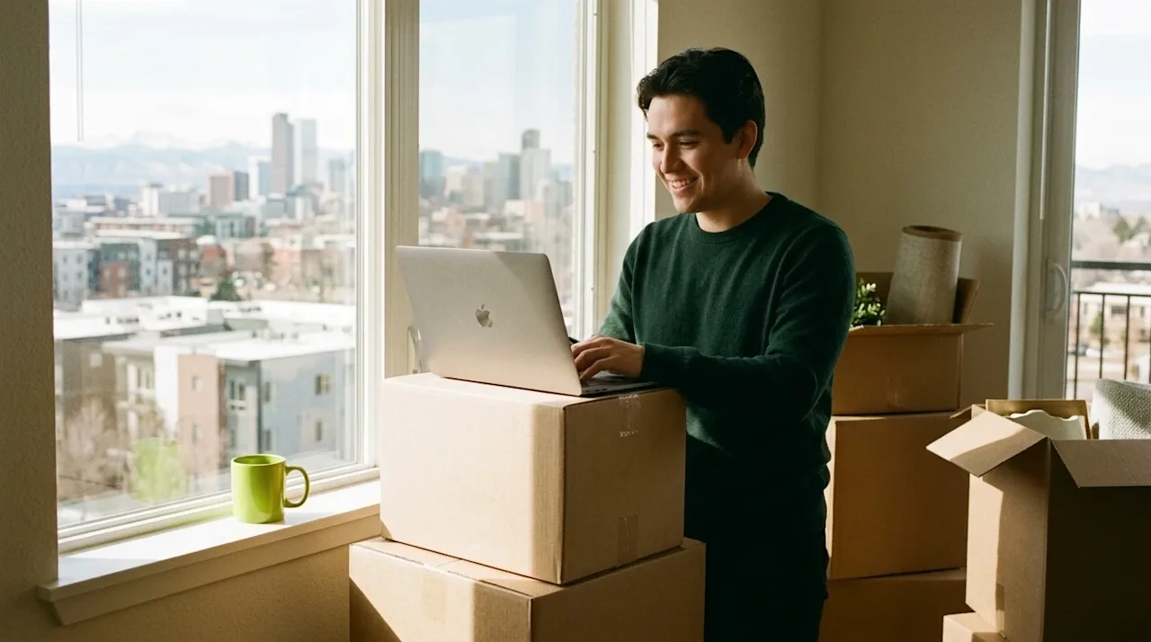 A candid, authentic lifestyle photograph of a young professional settling into a new apartment, capturing the theme of moving