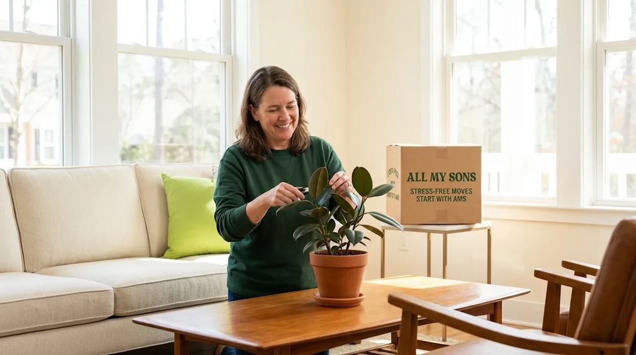 Professional marketing photography of a bright, harmonious living room in a welcoming Raleigh home, perfectly arranged follow