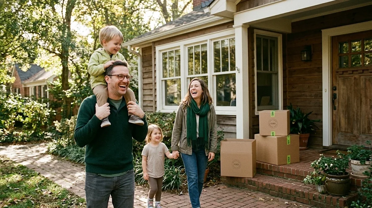 Professional marketing photography of a joyful family with two young children arriving at their new home in a charming, leafy