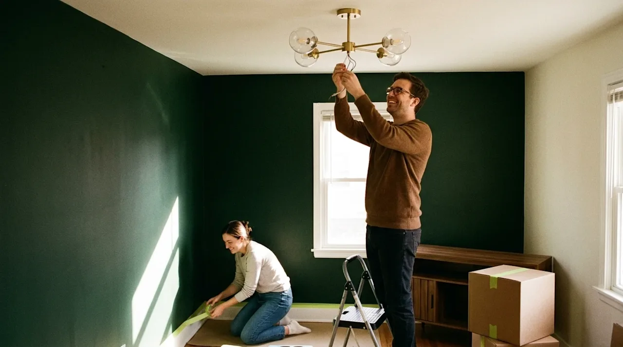 Authentic lifestyle photography of a couple making small home improvements in a warm, sunlit living room to increase their ho