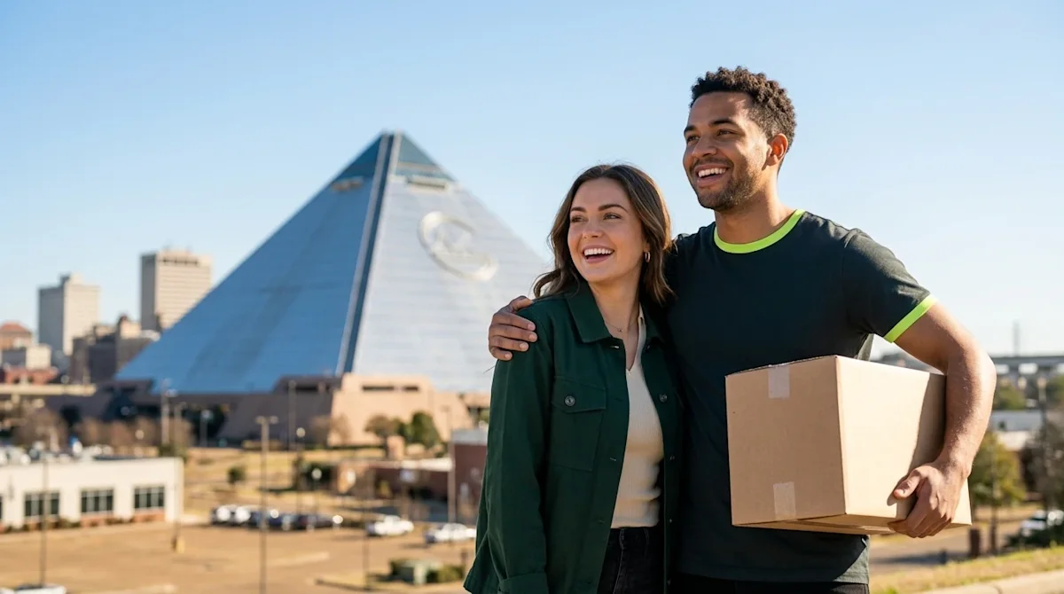 Clear, professional marketing photography of a happy young couple standing outdoors on a sunny day, with the iconic Memphis P