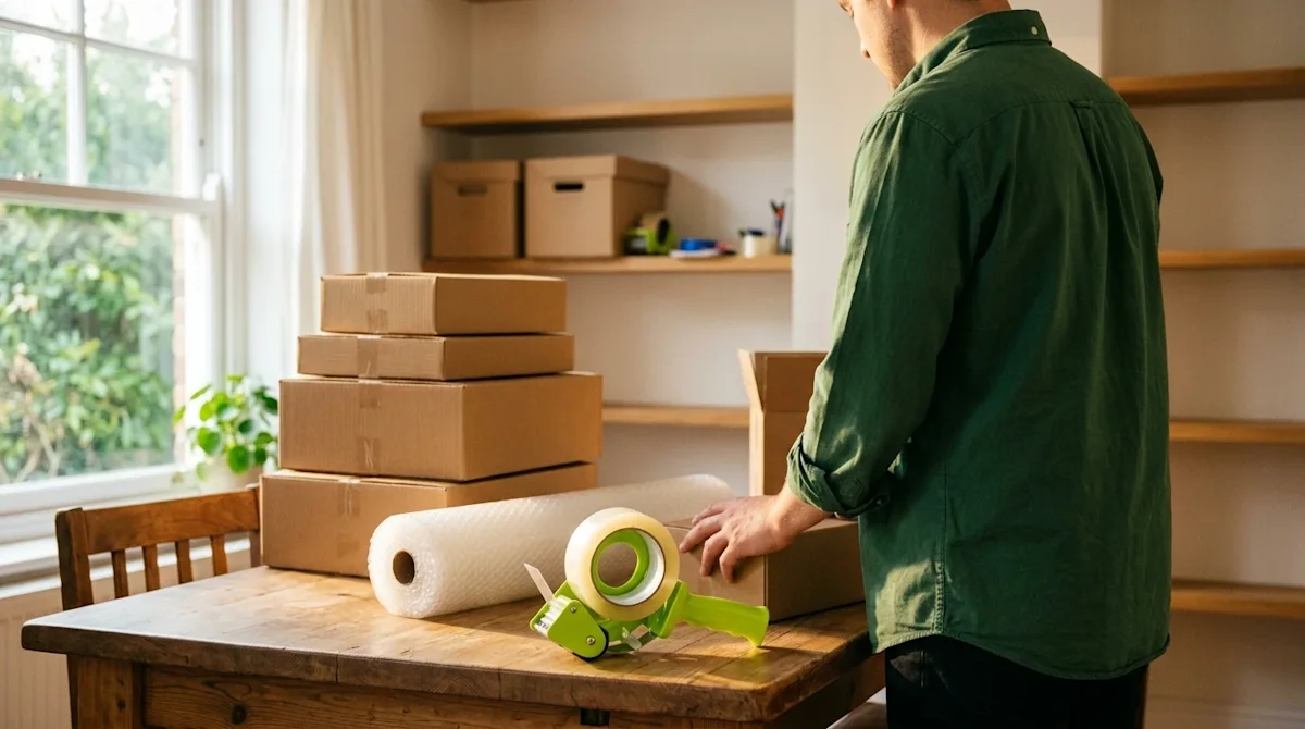 Candid lifestyle photography of a person in a forest green shirt organizing moving supplies in a warmly lit, inviting living